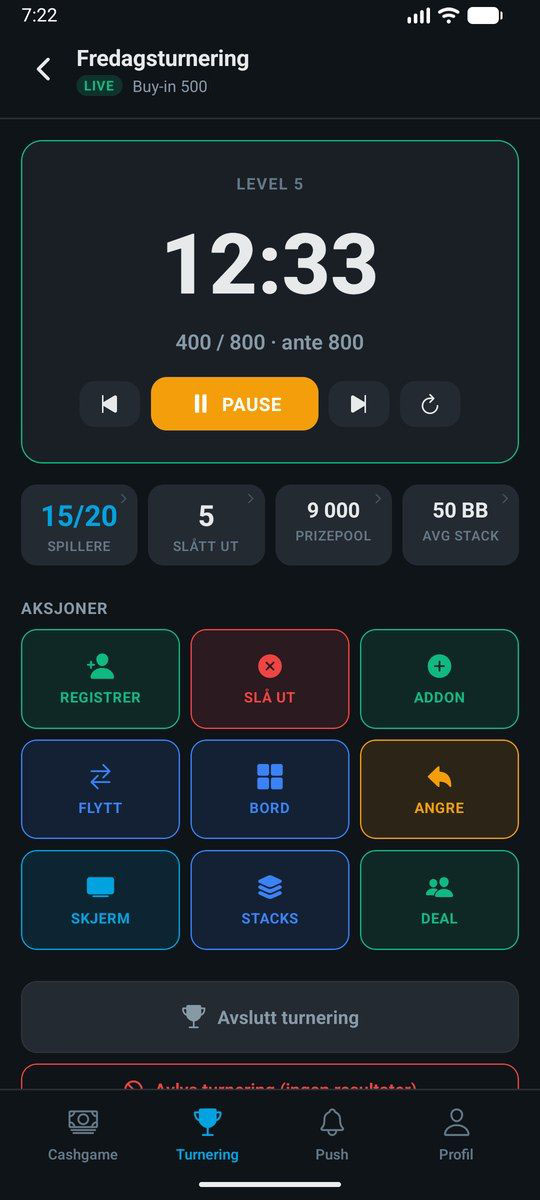 Admin-appen: live turnering
